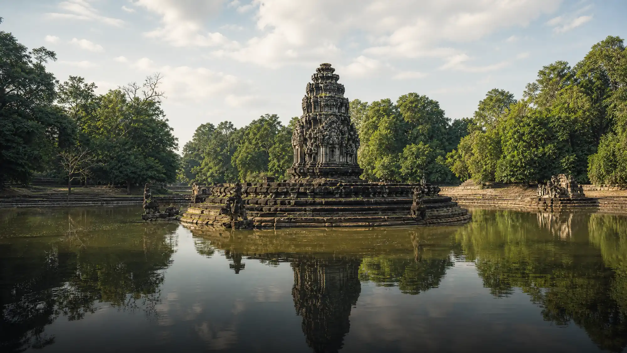 Explorez un temple bouddhique insulaire du 12e siècle construit comme un hôpital symbolique. Empruntez la longue passerelle en bois qui traverse le Jayatataka Baray pour rejoindre les bassins de guérison.